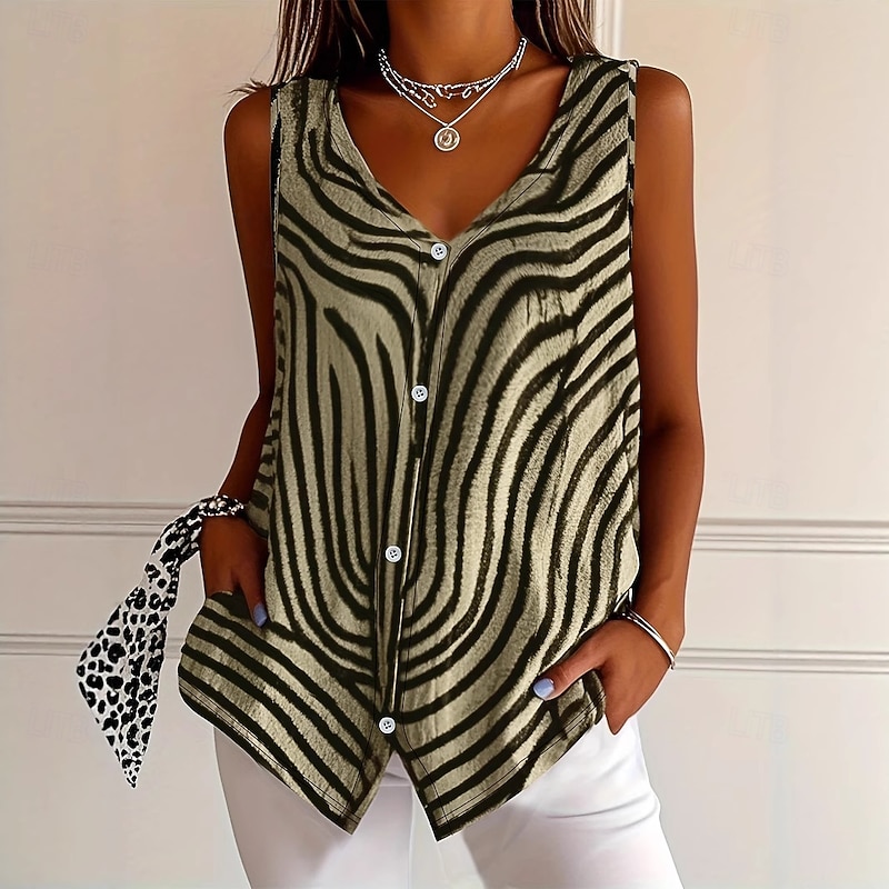 Women's Camisole Tank Top Graphic Striped Elegant Casual Sleeveless V Neck Regular Tops Daily Holiday Buttons Print Yellow Pink Blue Gray Summer Spring - Main Image