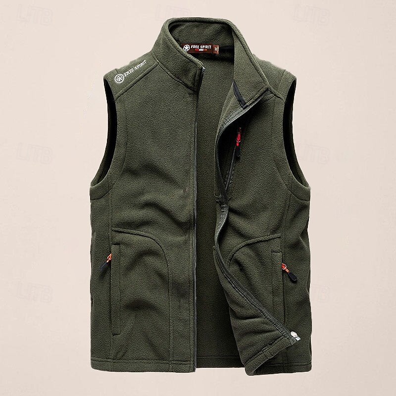 Men's Fishing Vest Daily Casual Fall & Winter Pocket Fleece Polyester Thermal Warm Plain Zipper Stand Collar Regular Fit Black Army Green Dark Blue Dark Gray Vest3