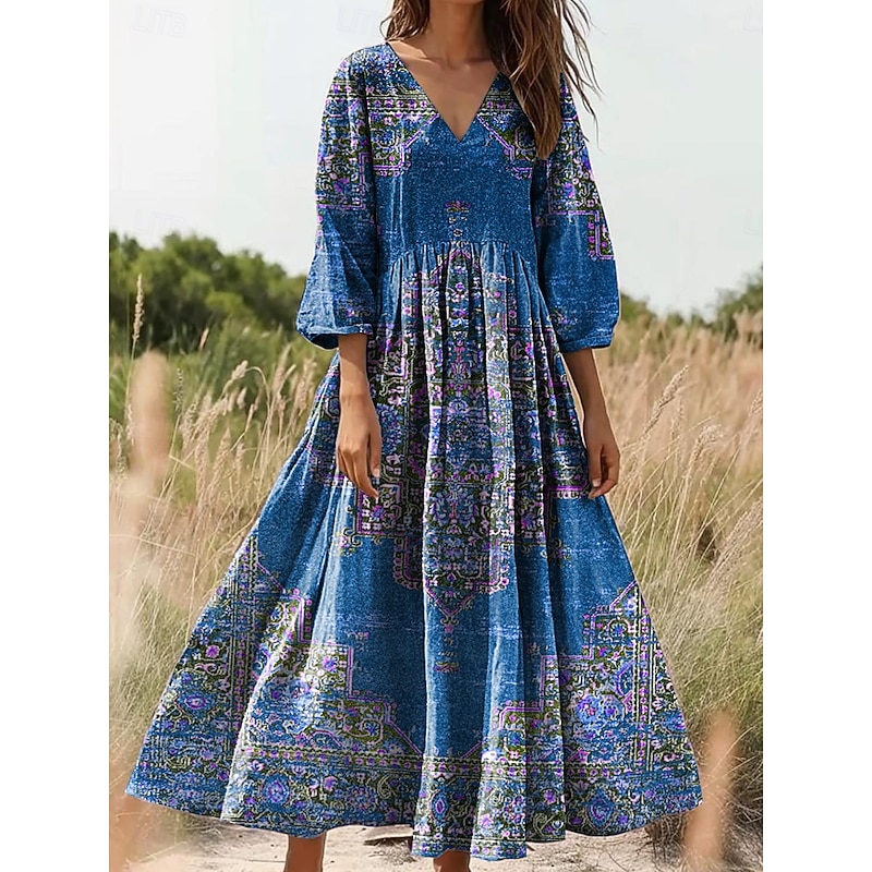 Women's Maxi Dress Sundress A Line Dress Pleated Dress Vacation Casual Boho Going out Standard Fit Floral Graphic Paisley 3/4 Length Sleeve V Neck Pink Red Blue Orange Summer Spring2