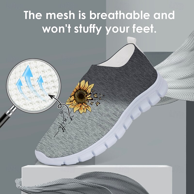 Women's Gray Fly-knit Slip-On Sneakers with Sunflower Print – Lightweight Casual Walking Shoes for Travel, Daily Wear and Spring Outings4