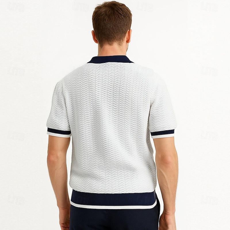 Men's Polo Knit Polo Sweater Business Casual V Neck Short Sleeve Formal Color Block Novelty Summer All Seasons Black White Khaki Army Green Polo2