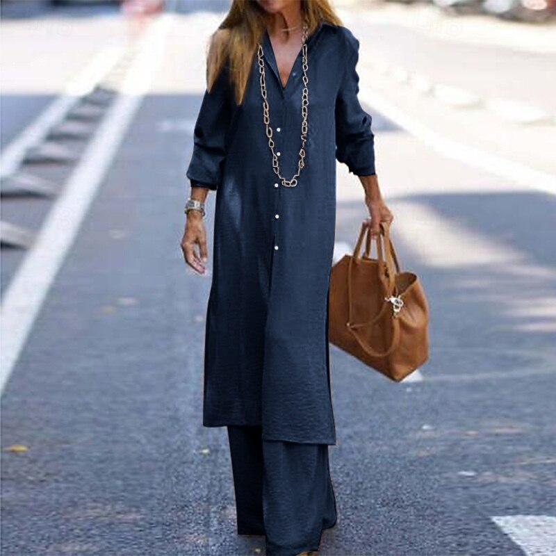 Women's Active Fashion Blouse Pants Sets Long Sleeve Shirt Collar Solid Color Dubbele Rij Knopen Vacation Holiday Army Green Dark Navy Khaki Summer Regular Fit