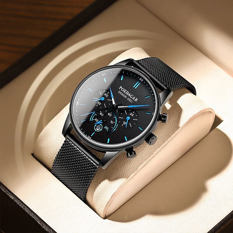 Fashion Men Watch Chronograph Stainless Steel Mesh Quartz Men's Wristwatch Waterproof Luminous Date Sports Man Watches