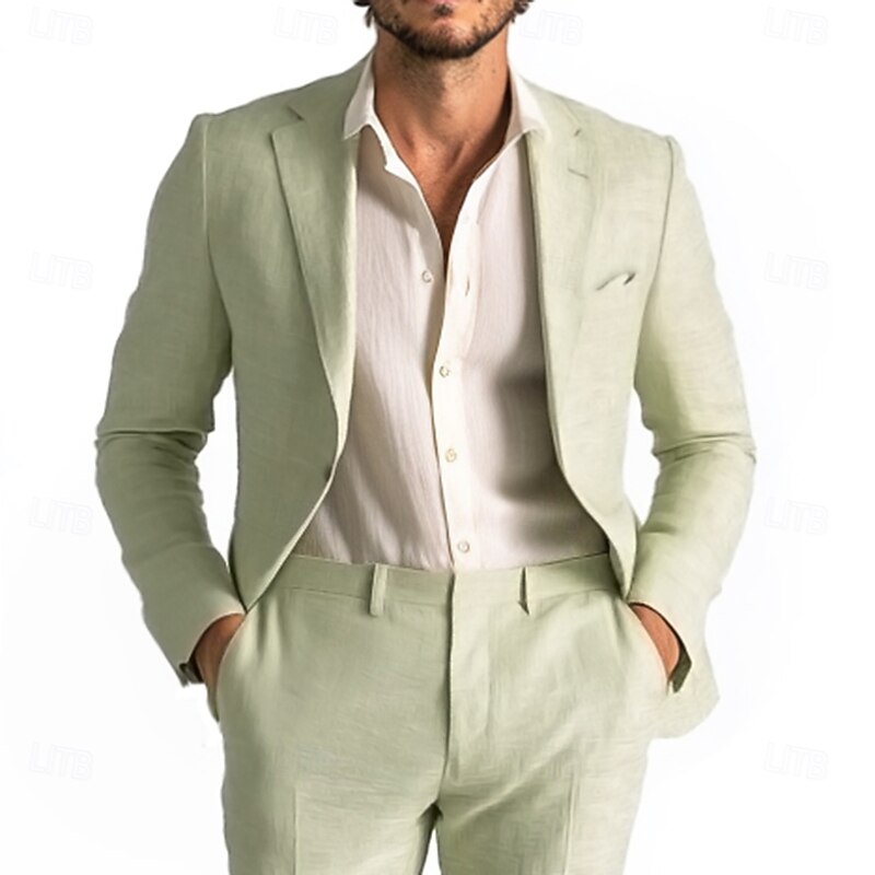 Men's Casual Linen Suits Summer Wedding Sage Fashion Formal Solid Colored Standard Fit 2 Piece Single Breasted One-button3