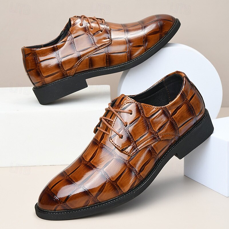 Men's Dress Shoes Brown Crocodile-Pattern Leather Shoes with Lace-Up Closure and Durable Sole for Formal Occasions and Business Wear2
