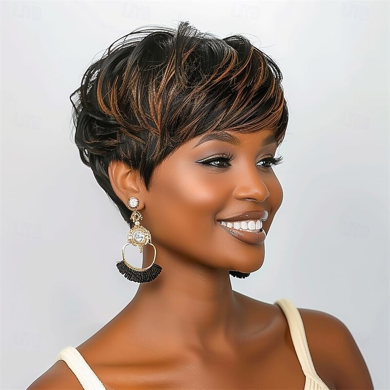Short Curly Wigs for Black Women Pixie Cut Wig for Womens Short Hair Black Wig with Bangs Natural Wavy Synthetic Wigs for Black Women