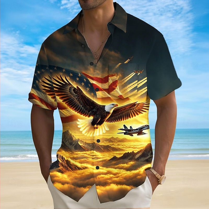 Independence Day Men's American US Flag Eagle Patriotic Shirt Summer Shirt Button Up Shirt Short Sleeve Fashion Casual Holiday Summer Spring Turndown 3D Print Collared Shirts Front One Pocket Dark