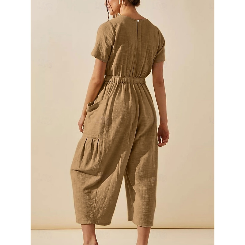Women's Normal Jumpsuit Active Solid Color Short Sleeve Round Neck Pocket Vacation Daily Regular Fit White Green Khaki Summer2