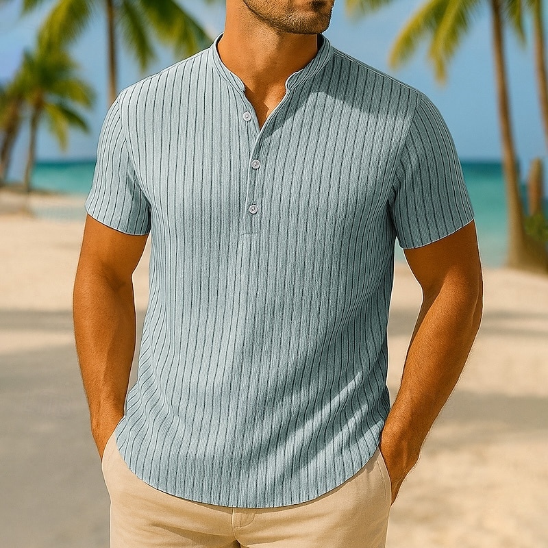 Men's Shirt Linen Shirt Popover Shirt Casual Shirt Cotton Shirt Stripe Vacation Street White Pink Navy Blue Dark Green Short Sleeve Band Collar Summer Clothing Apparel3