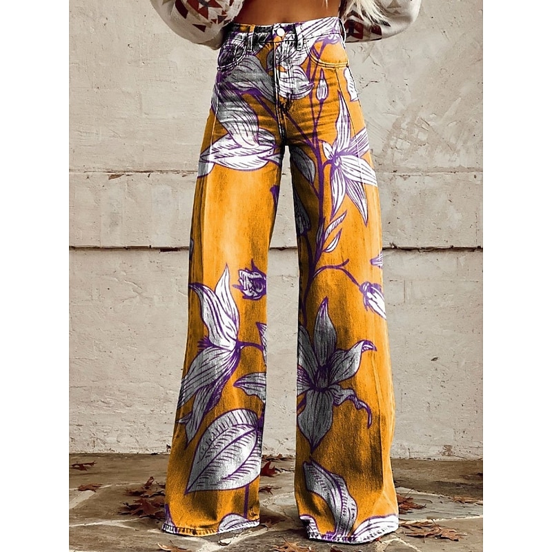 Women's Wide Leg Chinos Vacation Fashion Streetwear Full Length High Waist Floral Pocket Printing Comfy Soft Comfortable Micro-elastic Outdoor Street White Yellow Navy Blue Blue Summer Spring Regular2