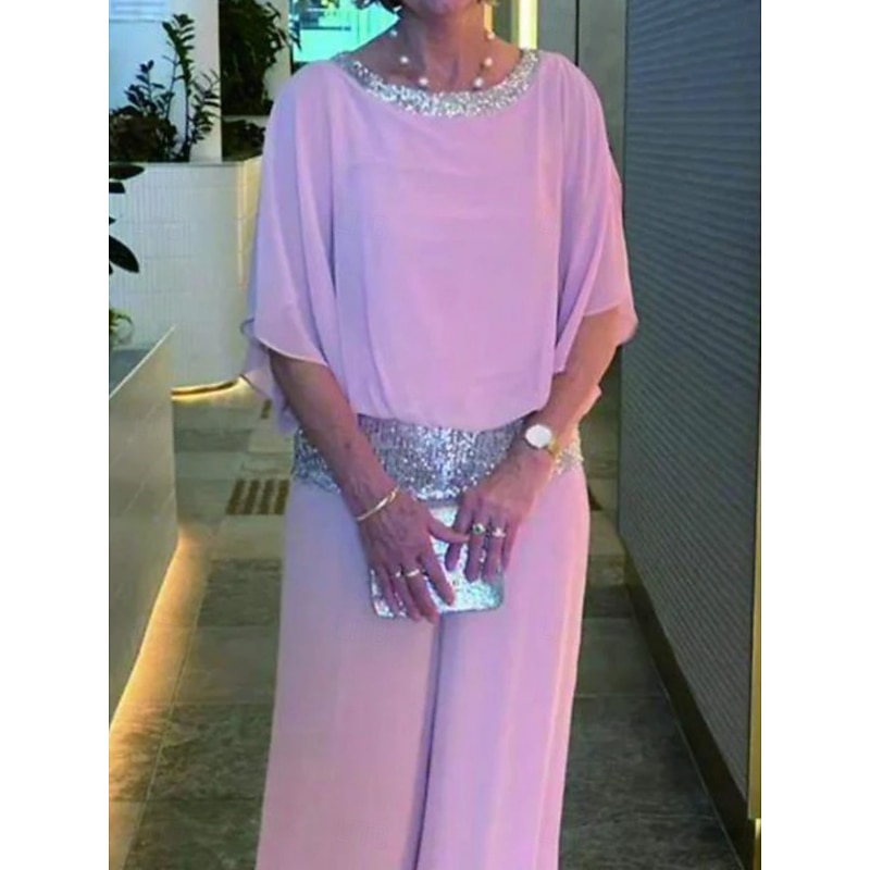 Women's 2 Pieces Fashion Streetwear Daily Pants Sets 3/4 Length Sleeve Crew Neck Solid Color Sequins Patchwork Casual Daily Black White Pink Summer Regular Fit2