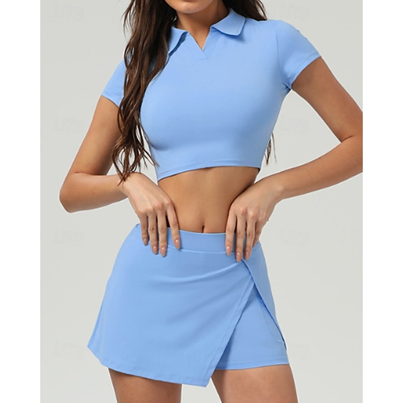 Women's Solid Colored Tennis Top Short Sleeve Crop Top Quick Dry Breathable Tennis Golf Jogging Polo Collar Top Navy Blue Khaki Tennis Clothing3