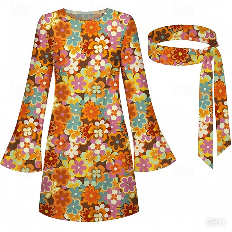 Retro Vintage 1970s Groovy Dress Headband Hippie Disco Floral Fancy Dress Women's Halloween Carnival Vacation Music Festival Festival Adults' Dress Headband4