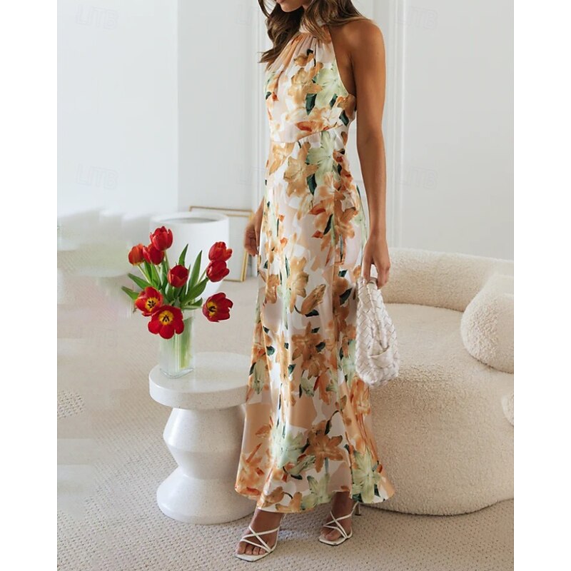 Women's Long Dress Maxi Dress Floral Dress Halter Neck Dress Fashion Modern Vacation Going out Weekend Regular Fit Flower Sleeveless Halter Neck Yellow Pink Green Summer3