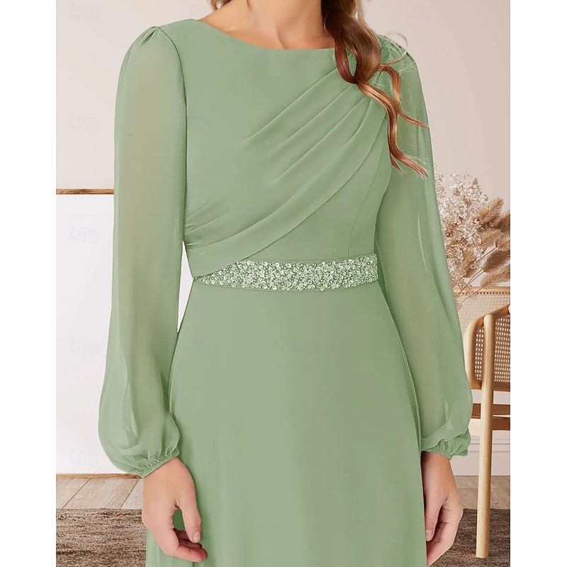 A-Line Mother of the Bride Dress Wedding Guest Elegant Crew Neck Floor Length Chiffon Long Sleeve with Beading Ruching3