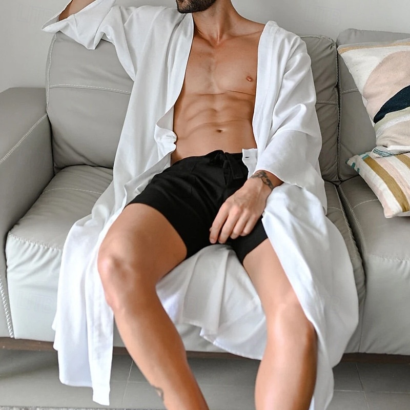 Men's Summer Shirt Casual Shirt Beach Shirt Shrugs White Long Sleeve Solid / Plain Color Deep V Vacation Hawaiian Clothing Apparel Polyester Fashion Casual Comfortable3