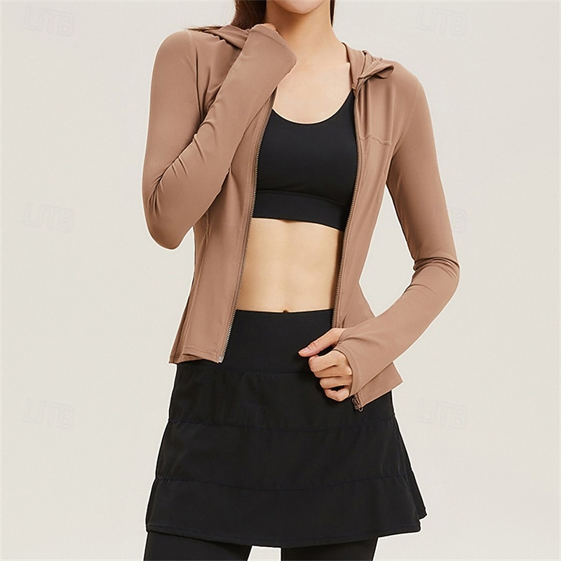 Women's Solid Colored Tennis Sports Jacket Sport Jacket Long Sleeve Zipper High Elasticity Breathable Tennis Golf Pickleball Hooded White Brown Tennis Clothing2