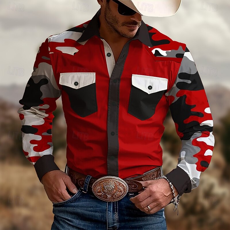 Men's Marble Western Shirt Long Sleeve Western Sports Outdoor Spring Fall Turndown Button Up 2 Pockets Red Blue Brown Green