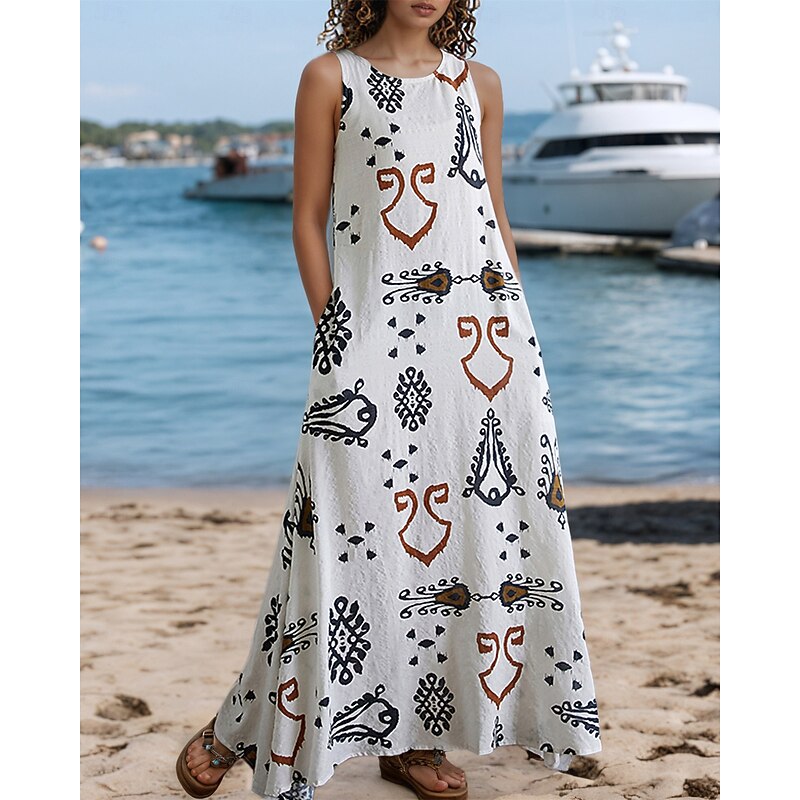 Women's Maxi Dress A Line Dress Summer Dress Boho Daily Holiday Regular Fit Graphic Color Block Sleeveless Crew Neck White Khaki Beige Summer