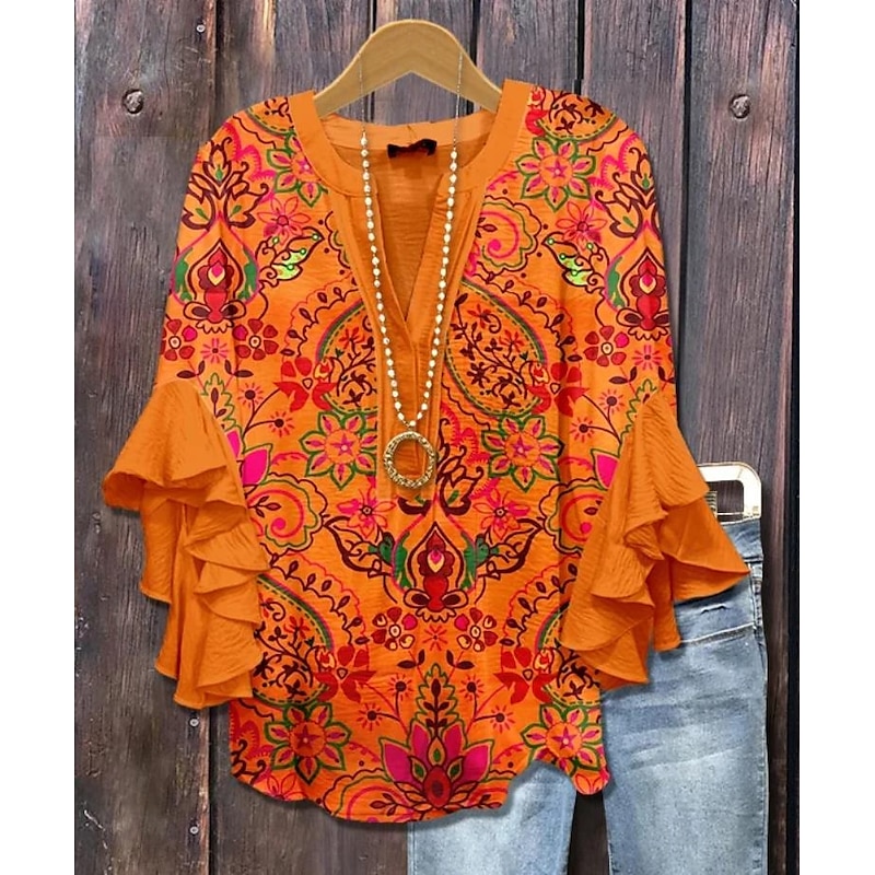 Women's Blouse V Neck Layered Ruffle Sleeve Tops Floral Graphic Bohemia Vintage Daily 3/4 Length Sleeve Regular Tops Daily Holiday Vacation Wear Print Pink Red Blue Sky Blue Orange Summer Spring Fall