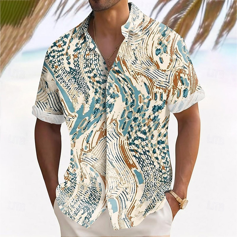 Men's Geometric Waves Abstract Art Shirt Button Up Shirt Aloha Shirt Short Sleeve Fashion Casual Outdoor Vacation Dailywear Summer Spring Turndown 3D Print Collared Shirts Khaki