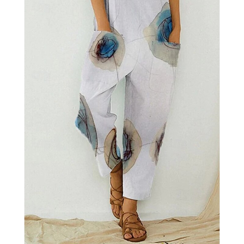 Women's Normal Jumpsuit Streetwear Floral Sleeveless U Neck Pocket Print Going out Weekend Regular Fit White Summer3