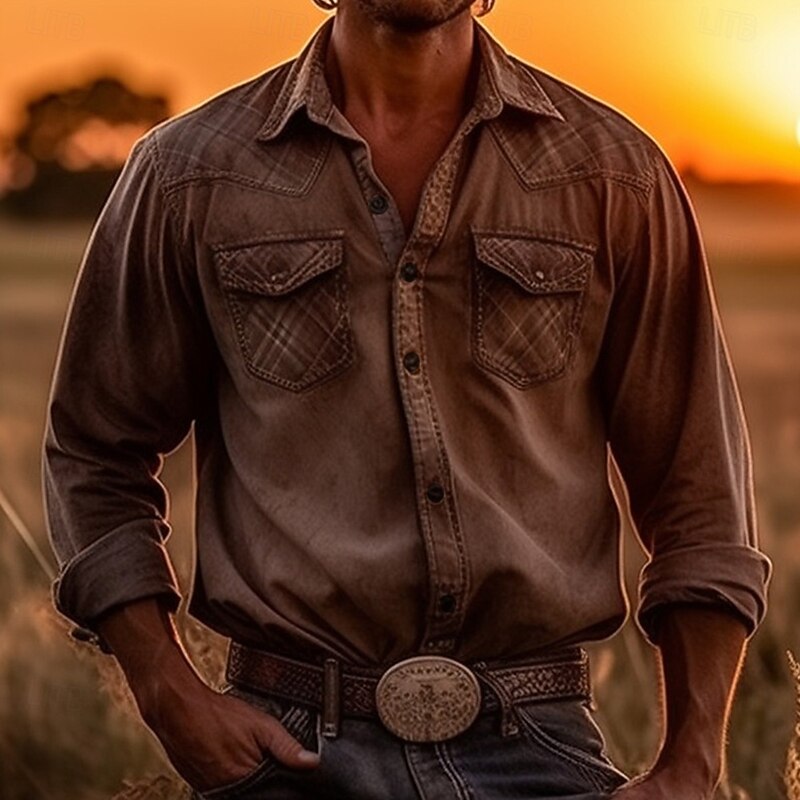 Men's Plaid Shirt Western Shirt Cowboy Shirt Long Sleeve Vintage Outdoor Street Casual Daily Fall & Winter Turndown Buttons Print Brown