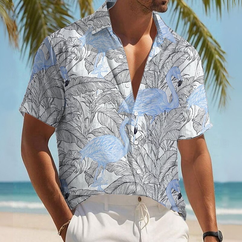 Men's Flamingo Bird Palm Leaf Shirt Summer Hawaiian Shirt Button Up Shirt Short Sleeve Hawaiian Resort Vacation Holiday Beach Wear Summer Spring Turndown 3D Print Collared Shirts Pink Blue Green2