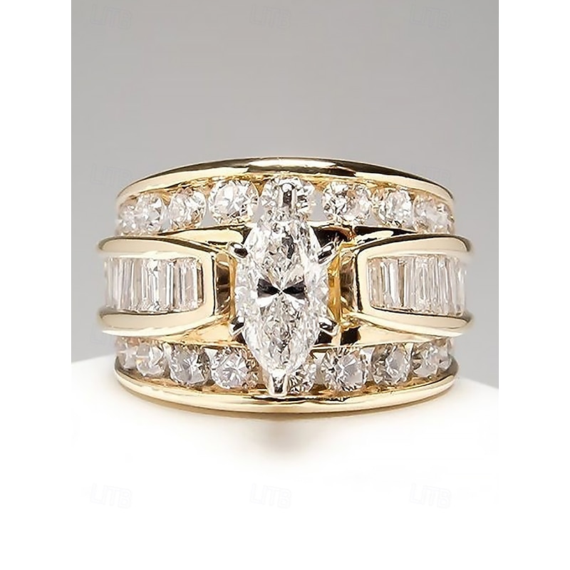 Women's Gold Plated Marquise Cut Crystal Ring – Elegant Statement Jewelry for Weddings, Engagements and Evening Parties