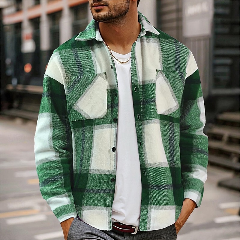 Men's Shirt Flannel Shirt Overshirt Lattice Outdoor Street Red Blue Green Khaki Long Sleeve Turndown Spring &  Fall Clothing Apparel