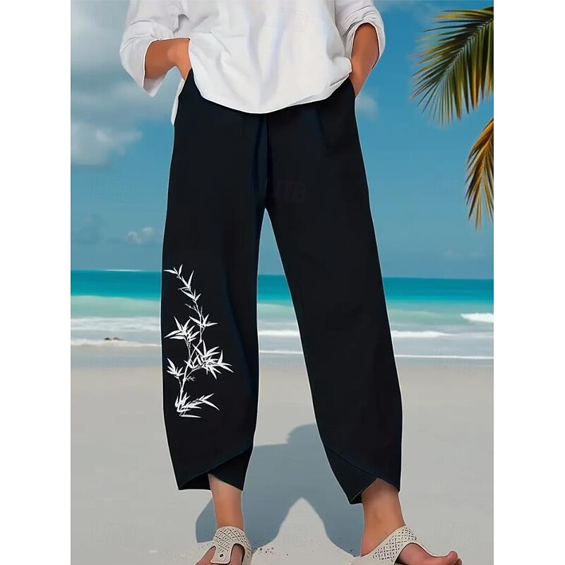 Women's Wide Leg Chinos Baggy Pants Vacation Vintage Basic Ankle-Length High Waist Floral Graphic Printing Thermal Warm Soft Breathable Micro-elastic Vacation Street Causal Black Blue Summer Spring