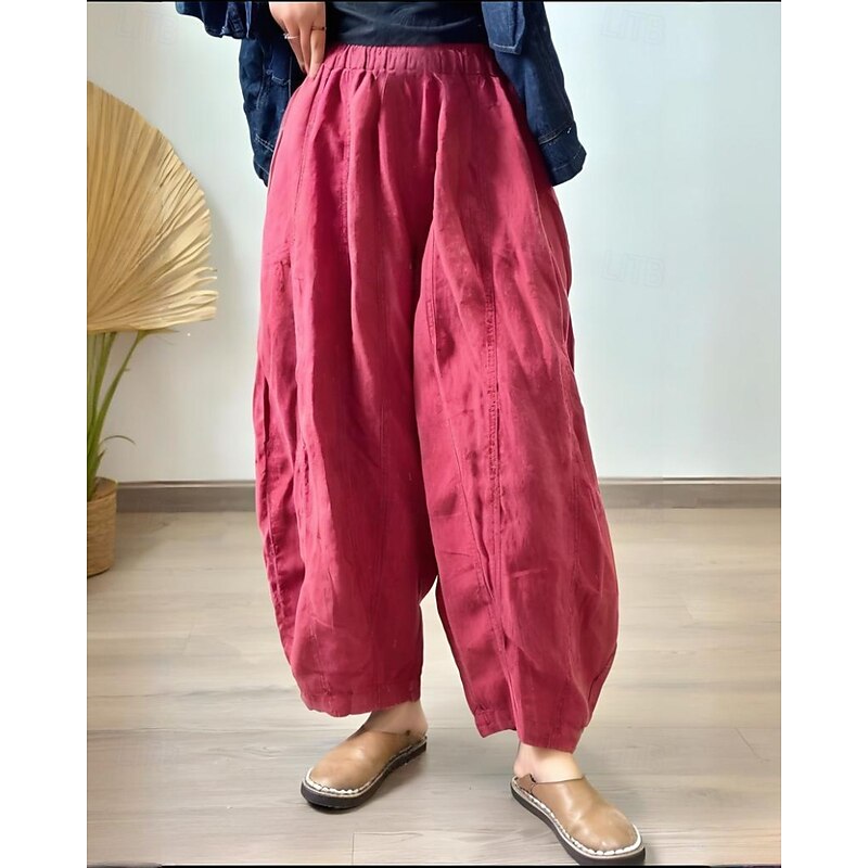 Women's Cotton Linen Pants Slacks Fashion Streetwear Full Length Natural Plain Elastic Waist Outdoor Comfortable Street Weekend Red Peach Summer Regular Fit