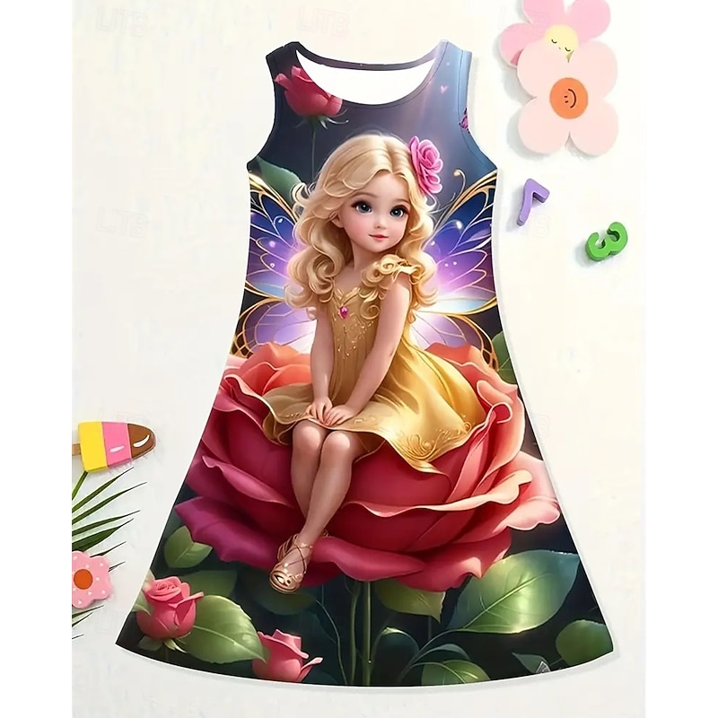 Girls' 3D Floral Elf Dress Sleeveless Summer Spring Vacation Daily Holiday Princess Beautiful Sweet Kids 4-12 Years Casual Dress A Line Dress Knee-length Regular Fit