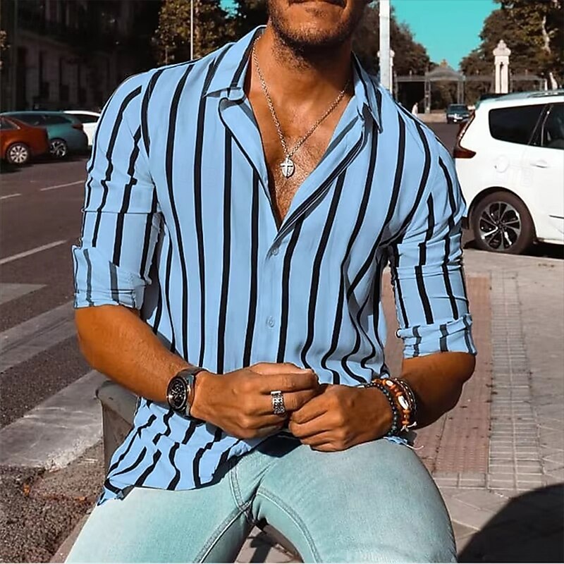 Men's Geometric Striped Shirt Button Up Shirt Casual Dress Shirt Long Sleeve Fashion Casual Formal Vacation Dailywear Summer Spring Turndown 3D Print Collared Shirts White Yellow Blue2