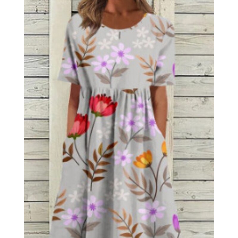 Women's Midi Dress Casual Dress Floral Dress Classic Modern Vacation Daily Going out Regular Fit Flower Short Sleeve Crew Neck Purple Gray Fall4
