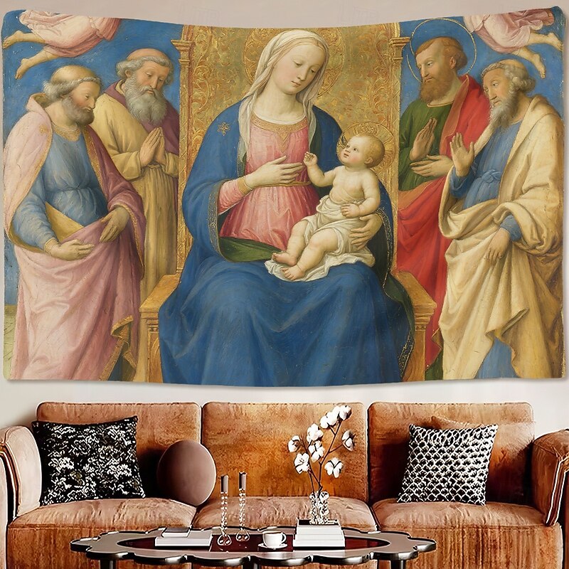 Medieval Tapestry Middle Age Tapestry Religious Art Large Mural Decor Photograph Backdrop Home Bedroom Living Room Decoration Madonna and Child with Saints2
