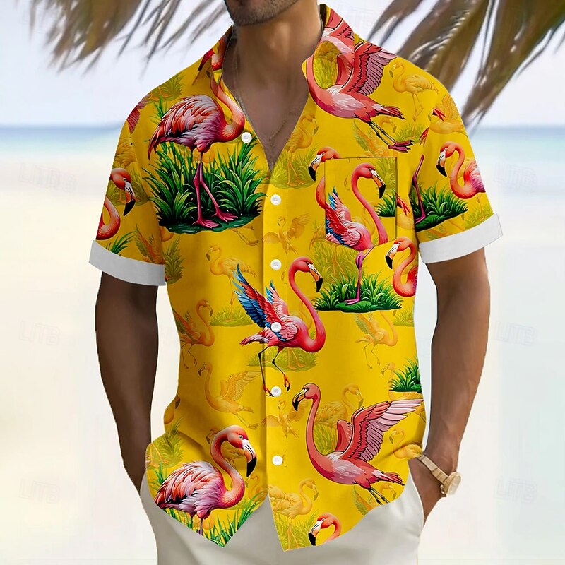 Men's Flamingo Bird Tropical Plants Summer Hawaiian Shirt Button Up Shirt Aloha Shirt Short Sleeve Hawaiian Vacation Holiday Beach Wear Summer Turndown 3D Print Front One Pocket Linen Like Shirt2