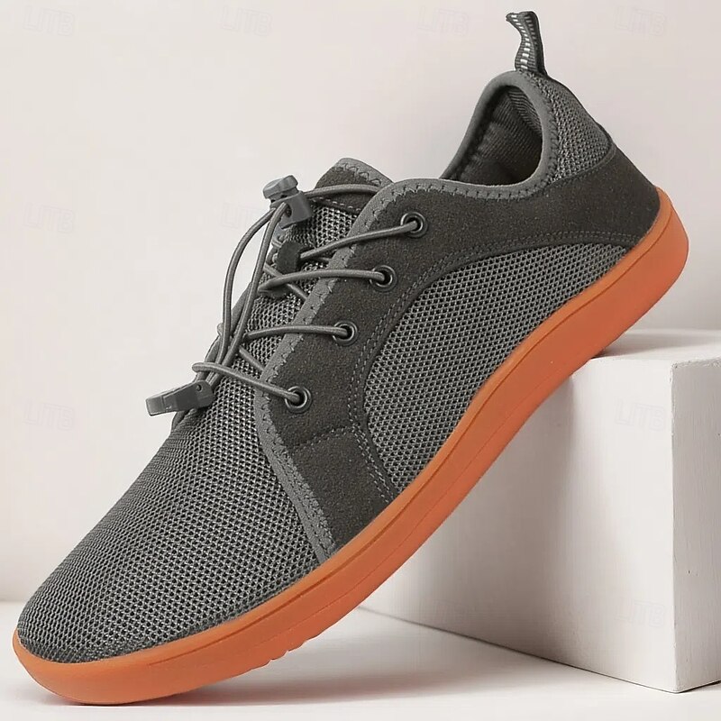 Men's Gray Knit Sneakers with Orange Sole – Breathable Lightweight Casual Shoes for Daily Commutes, Walking and Outdoor Activities