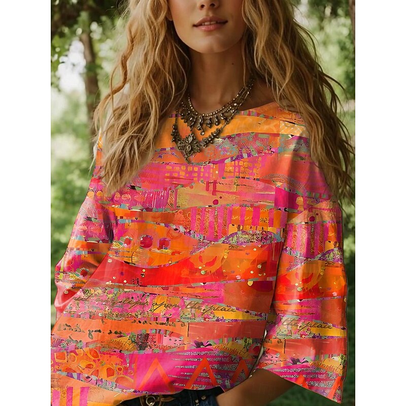 Women's Blouse Long Sleeve Ombre Graphic Geometric Bohemia Daily Ethnic 3/4 Length Sleeve Crew Neck Boat Neck Regular Tops Daily Holiday Vacation Wear Print Blue Purple Orange Summer Spring2