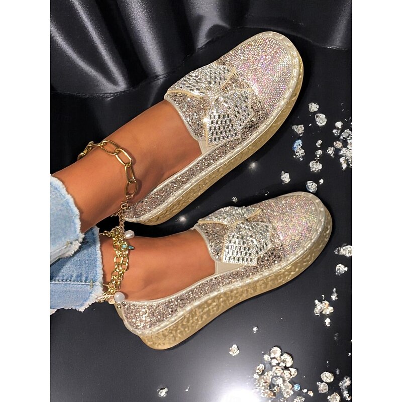 Women's Silver Glitter Platform Slip-On Shoes— Rhinestone Embellished, Cushioned Sole, Party-Ready Sparkle for Night Out, Festivals and Concerts3