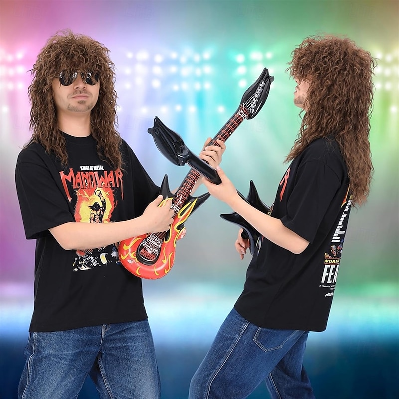 Mens Women 80s Rockstar Style Long Brown Curly Punk Rock Hair Wig Glam Rock-Rocker Wig Perfect for Halloween Cosplay DIY Themed Costume Party2