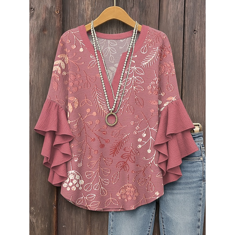 Women's Blouse V Neck Layered Ruffle Sleeve Tops Floral Graphic Leaf Vintage Daily Ethnic 3/4 Length Sleeve Regular Tops Daily Holiday Vacation Wear Print Yellow Pink Blue Purple Green Summer Spring