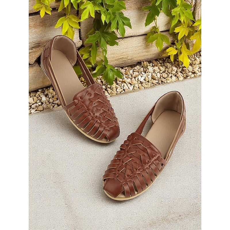 Women's Brown Woven Faux Leather Slip-On Flats – Breathable Vintage Casual Loafers for Spring & Autumn Walks and vacation2