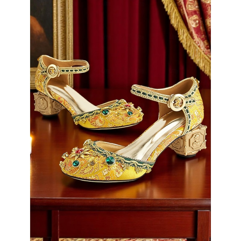 Women's Baroque Embroidered Block Heels-1920s Vintage Gatsby Inspired Gold Regal Style with Gem Embellishments for Formal, Stage & Costume Occasions,
