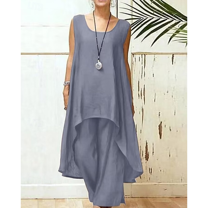 Women's Active Cotton Linen Shirts Blouse Pants Sets Sleeveless U Neck Solid Color Vacation Holiday Black Dark Pink Blue Summer Regular Fit