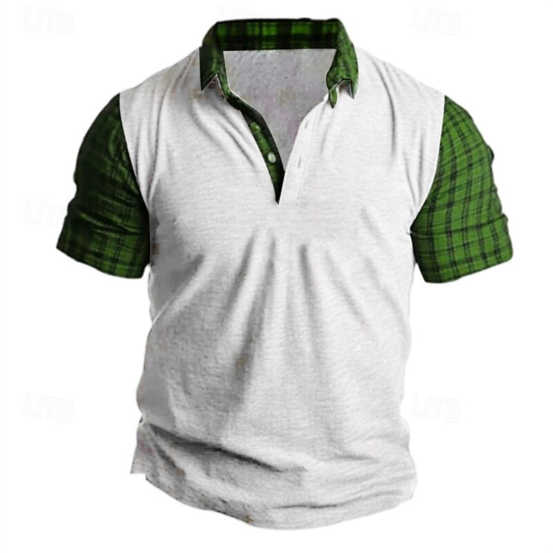 Men's T Shirt Henley Shirt Tee Short Sleeve Shirt Short Sleeve Henley Summer Plaid Fashion Designer Basic Patchwork Vacation Street Going out Red Blue Green Top Tee for Men4