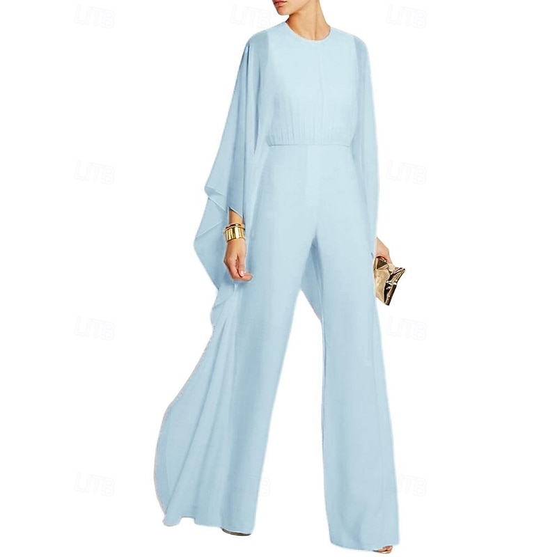 Cape Jumpsuit Mother of the Bride Dress Elegant Simple Minimalist Crew Neck Floor Length Chiffon 3/4 Length Sleeve with Ruched4