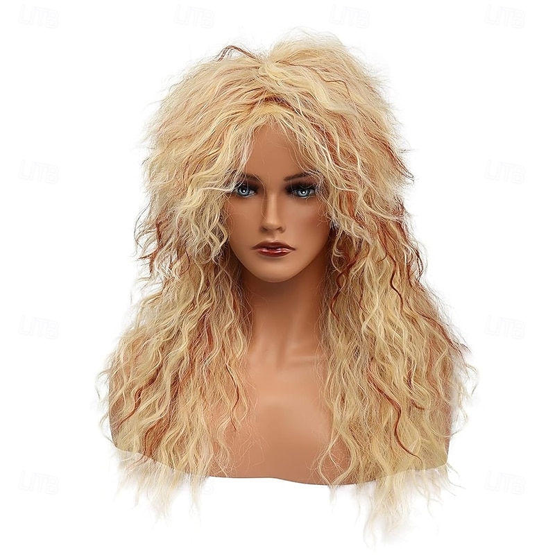 70s 80s Long Curly Wig Rocker Mullet Wigs Blond for Men Women Funny Wigs Punk Rocker Cosplay Synthetic Halloween Disco Party