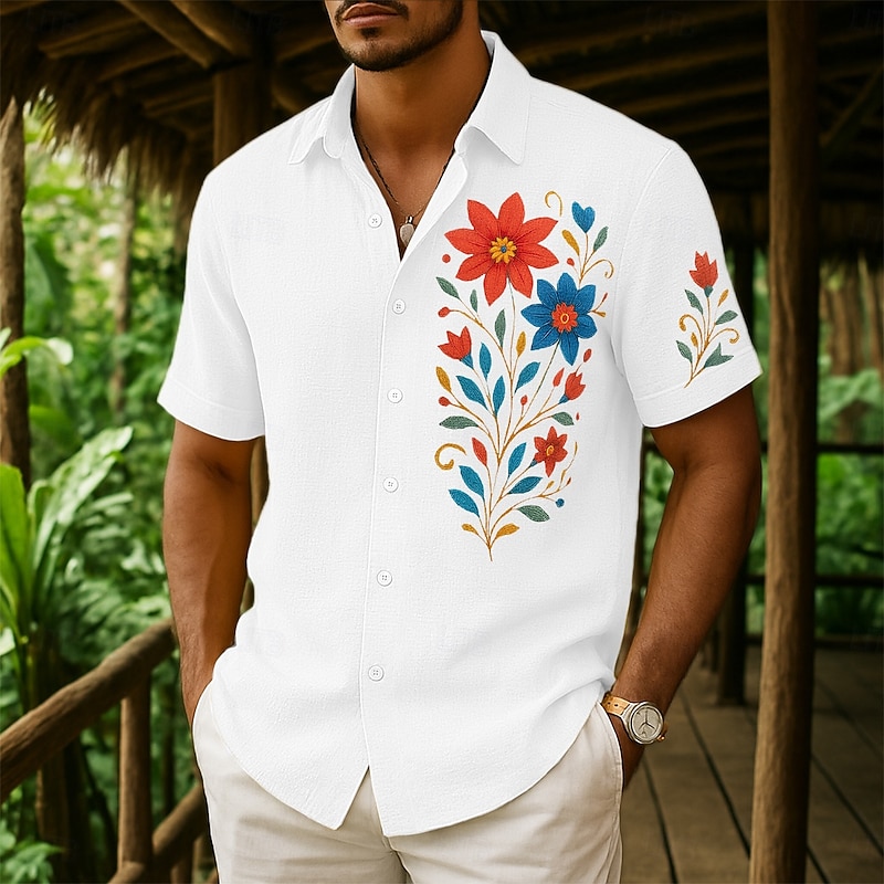 Men's Shirt Linen Shirt Summer Shirt Beach Wear Button Up Shirt Floral Print Vacation Curise White Navy Blue Green Khaki Short Sleeve Collar Summer Spring & Summer Clothing Apparel2