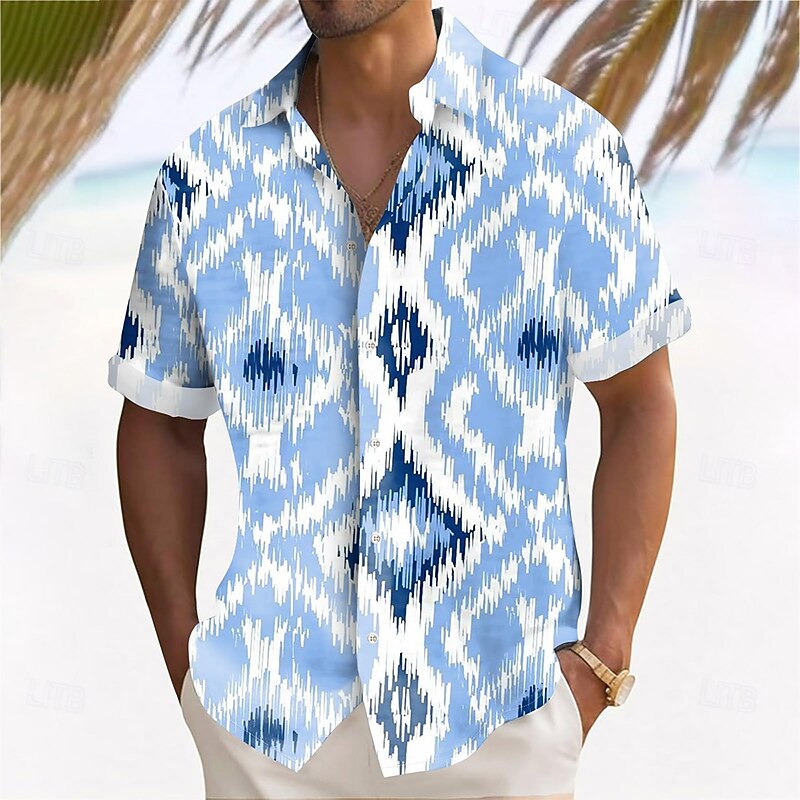 Men's Geometric Plaid / Check Shirt Summer Shirt Button Up Shirt Short Sleeve Fashion Casual Outdoor Vacation Dailywear Summer Spring Turndown 3D Print Collared Shirts Blue Purple